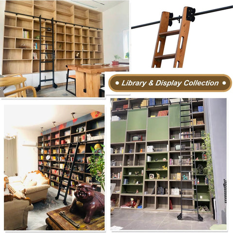 Library display featuring wooden shelving with sliding barn door hardware kit and ladder, suitable for book storage and access.
