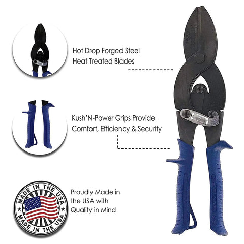 Heavy Duty Sheet Metal Duct End Crimp Tool With Compound Leverage And Kush N Power Comfort Grips For Factory Like Precision Joints Up To One And Five Eighths Inch End Crimps With Extra Tough Non Slip Steel Handles Midwest Tool And Cutlery MWT C5 close-up with details
