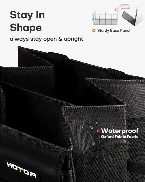 Foldable Car Trunk Organizer For SUVs And Sedans With Two Large Compartments And Six Mesh Pockets Keeps Groceries Tools And Gear Neat And Ready For Any Trip On The Go In Black, showing sturdy base panel and waterproof fabric.