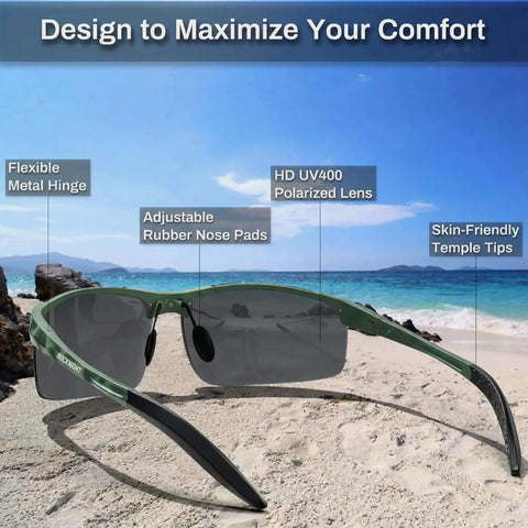 Men's Polarized Sunglasses With UV400 Protection And Anti Glare Lenses, Sick Aluminum Magnesium Frame, beach background