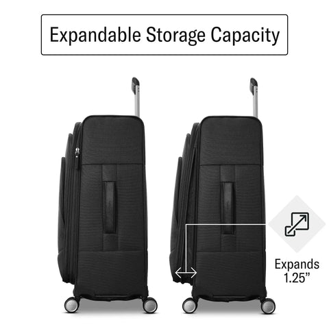 Side view of Ultra Light Expandable Softside Carry On With Spinner Wheels For Airline Travel, Eco Friendly Recycled PET Fabric, 5.7 Lb Lightweight Luggage That Fits Overhead, Meets Carry On Size, Black By Samsonite UpLIFT, showing expansion feature.