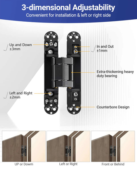 6 Inch Invisible Door Hinges For Doors 3D Adjustable 180 Degree Swing Heavy Duty Concealed Zinc Alloy 88 Lbs Load Capacity Per Pair Sleek Matte Black Finish 2 Pack By Polar Tangro front view