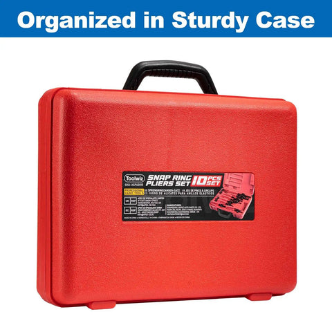 Red storage case for Snap Ring Pliers Set 10 Piece Kit For Internal And External Retaining Rings With Bent And Straight Tips Heavy Duty Automotive Tools