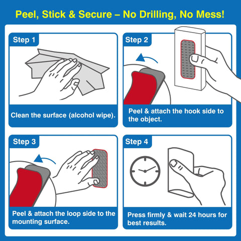 Infographic for Amazon heavy-duty adhesive hook-and-loop strips, 1.2 x 3.2 in, 8-set, four-step installation guide.