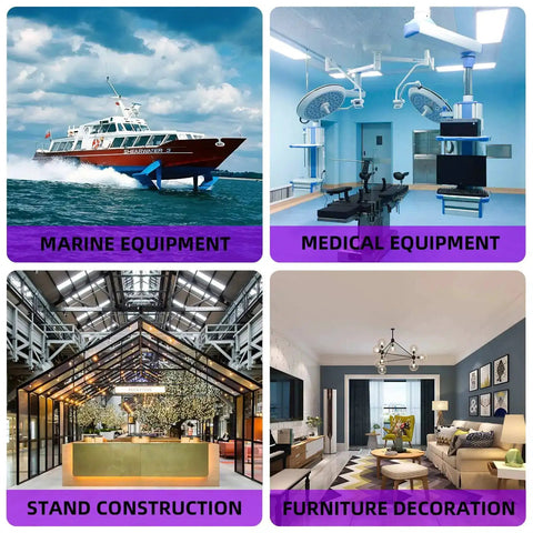Collage of marine equipment, medical equipment, stand construction, and furniture decoration with labeled categories.
