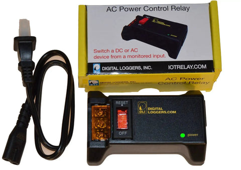Enclosed AC DC Power Relay With Protection And Debounce Screw Terminals 120V Trigger Input, box, and power cord.