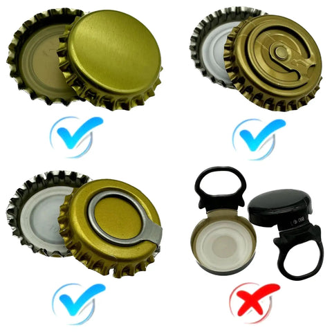 Manual Beer Bottle Capper Tool With 150 Count Caps 26mm Crown Cap Press showing different types of caps suitable for home brewing.