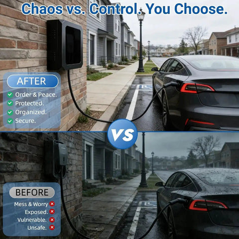 Comparison of Outdoor EV Charger Enclosure With Key Lock protecting Tesla EV charger vs exposed charger on building exterior.