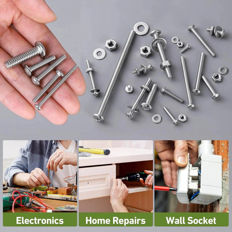 Assorted 10-32 pan head machine screws, nuts, and washers for cabinets, metalworking, and DIY projects, 50 sets of 304 stainless steel