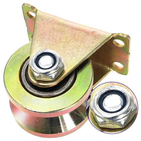 Close-up of 2-inch steel V-groove wheel from 8 Pack 2 Inch V Groove Wheel Set For Sliding Gates And Industrial Rails Heavy Duty Steel