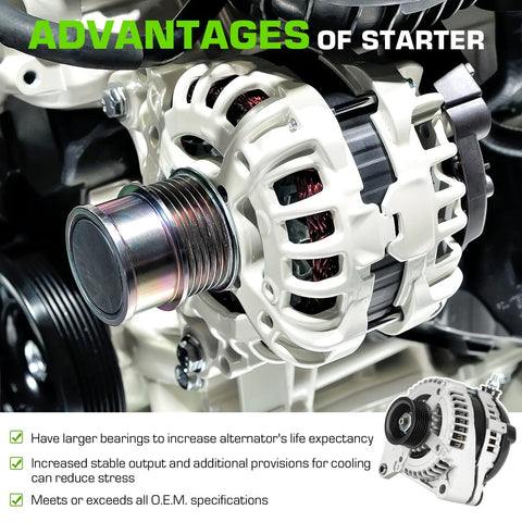 Close-up of 130 Amp High Output Alternator For 4.7L V8 SUVs And Trucks Compatible With 2003 2009 Toyota 4Runner Sequoia Tundra GX470 LX470 Land Cruiser Replaces 104210-3380 104210-3441 And 11198 installed in an engine