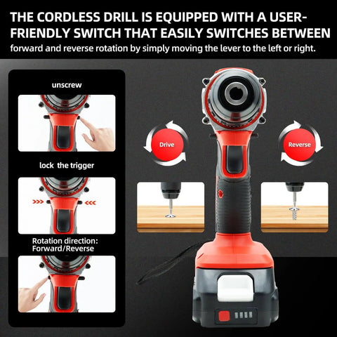 Cordless Drill Set For Makita 18V Battery Compatible, 1500 RPM Brushless Motor, front view showing user-friendly switch panel