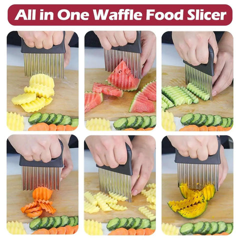 2 In 1 Crinkle Cutter With Peeler For Crinkle Fries And Veggie Prep Jayvar Stainless Steel Wave Cutter in use slicing vegetables