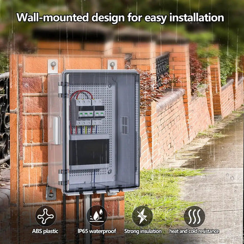 Rugged Outdoor Ready Ventilated ABS Electrical Junction Box With IP65 Waterproof Enclosure mounted on brick wall, clear cover