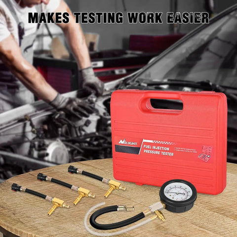 Fuel Pressure Tester Kit 0-100 PSI With Quick Connects 1/4 3/8 5/16 Fittings displayed on a table with red carrying case