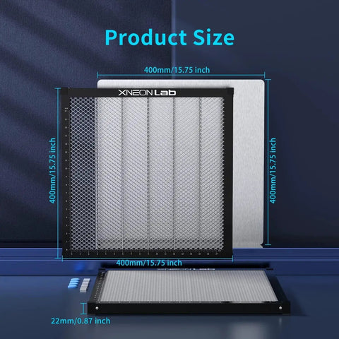 Front view of 400x400mm Honeycomb Laser Bed with Aluminum Panel for XTool D1, showcasing dimensions and construction.