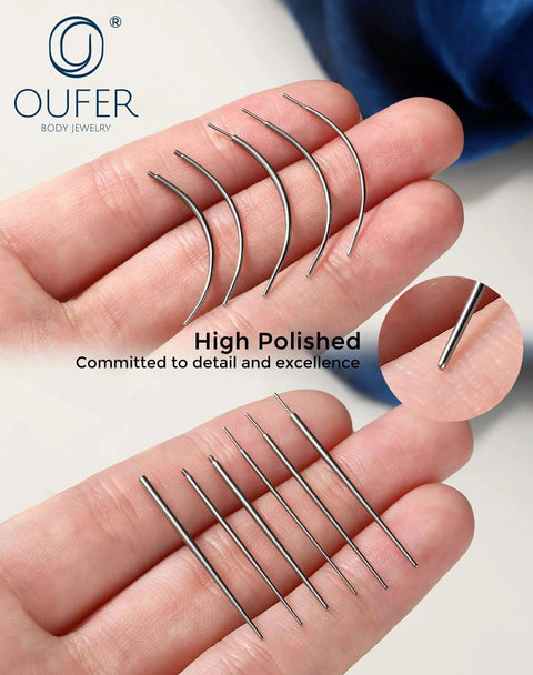 6 curved and 6 straight needles in hand, part of Piercing Ball Grabber Kit For 16G 18G 20G Internally Threaded Push Pin External Thread Guide Needle Tool Made In Surgical Steel Body Piercing Kit For Ear Nose Lip With Easy Insertion And Precise Alignment.