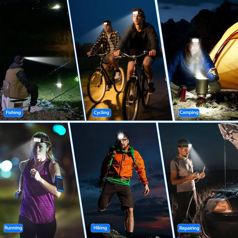 Various people using the 6 Pack Rechargeable LED Headlamp With Motion Sensor IPX6 Waterproof Hands Free Headlamp for outdoor activities like fishing and cycling.