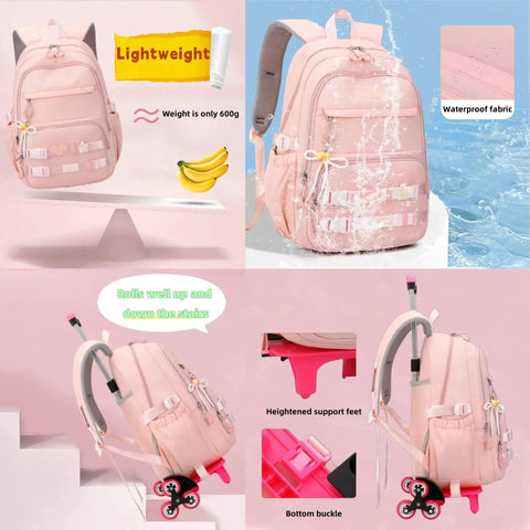 Kids Rolling Backpack with Wheels, Waterproof Pink Bag, Lightweight 600g, Trolley School Bag for Girls and Boys with Multiple Pockets