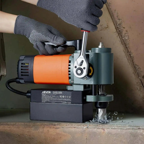 Low Profile Magnetic Drill Press With 1300W Power, 1.4 Inch Boring Capacity, Portable Weldon Shank Mag Drill in use on metal surface