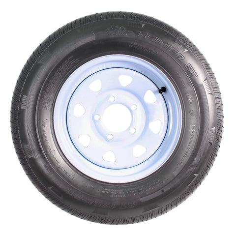 2 Pack ST175 80R13 Trailer Tire Rim Assembly With 13 Inch White Spoke Wheel, 5 Lug On 4.5 Inch Hub, Radial Tire, 50 PSI, 1360 Lb Load