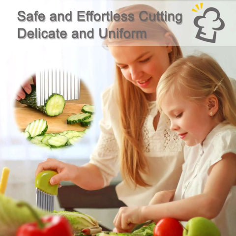 Two Pack Crinkle Cutter Set For Veggies And Chips Stainless Steel Wavy Cutter in use by mother and child for safe cooking with cucumbers.