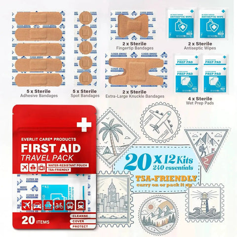 Travel Bandage Pack With 12 Individual Packets And 20 Grab And Go Essentials In A Waterproof Ultralight Pouch For Quick Clean Cover