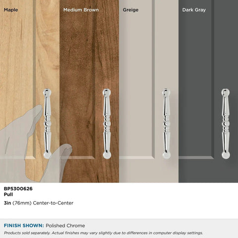 3 Inch Center To Center Polished Chrome Everyday Heritage Cabinet Pull Drawer Handle on varied wood finishes, 1 pack with screws