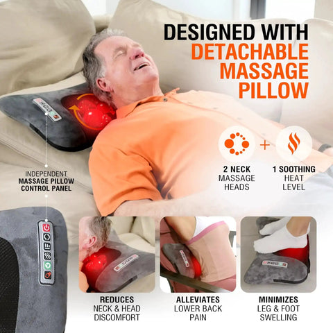 Man using Full Body Massage Mat With Heat And Shiatsu Vibration for bed, chair, and recliner, showcasing detachable massage pillow.