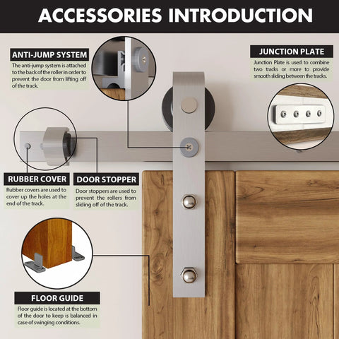 Brushed Nickel Non-Bypass Sliding Barn Door Hardware Kit For One Door, 7.5ft Flat Track System, Classic Roller Design, Heavy Duty Interior Use Only, Doors Not Included - Accessories close-up view