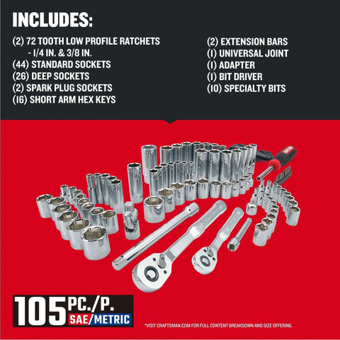105 Piece Mechanics Tool Set With SAE And Metric Sockets, One Quarter Inch And Three Eighth Inch Drive, arranged with case closed.