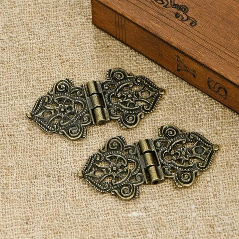 Antique Bronze Engraved Hinge Set 20 Pieces Hollow Carved Design for Jewelry Boxes and vintage wooden cases.