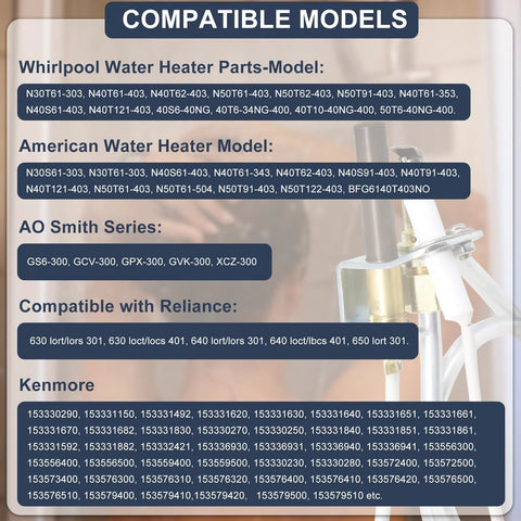 Water heater pilot assembly compatibility chart (front) by Cracubit; lists Whirlpool, American, AO Smith, Kenmore models