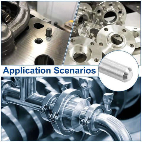 Various applications of 50 PCS 1.6Mm By 6Mm Stainless Steel Dowel Pins Kit For Shelves And Fasteners in machinery and assemblies.
