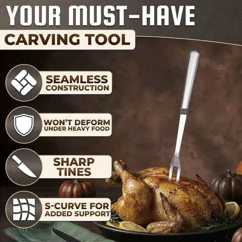 Meat Carving Fork 11 Inch Stainless Steel With Ergonomic Two Prong Handle, Dishwasher Safe shown with roast chicken