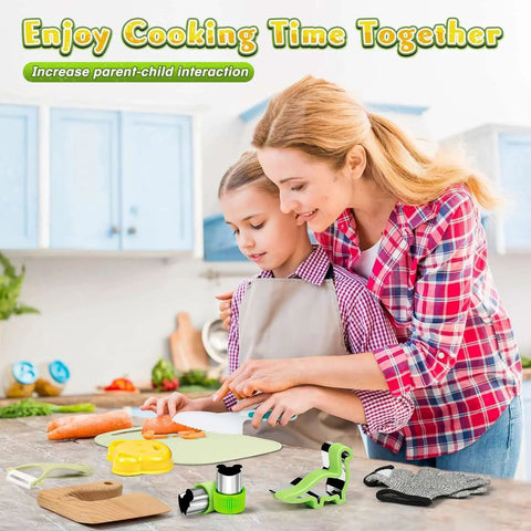Mother and child using Real Cooking Kids Knife Set With 15 Piece Montessori Kitchen Tools For Safe Learning in kitchen