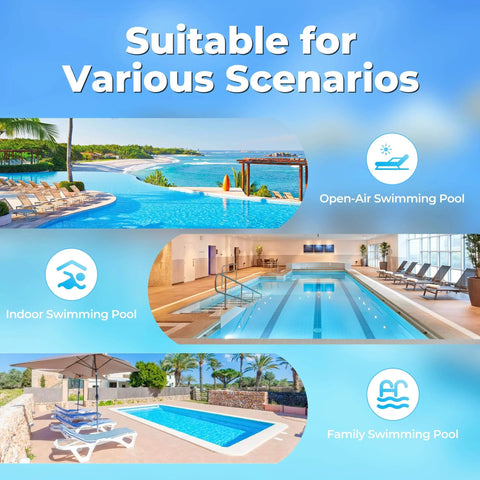Various swimming pools including open-air, indoor, and family pools with text 'Suitable for Various Scenarios' displayed above.