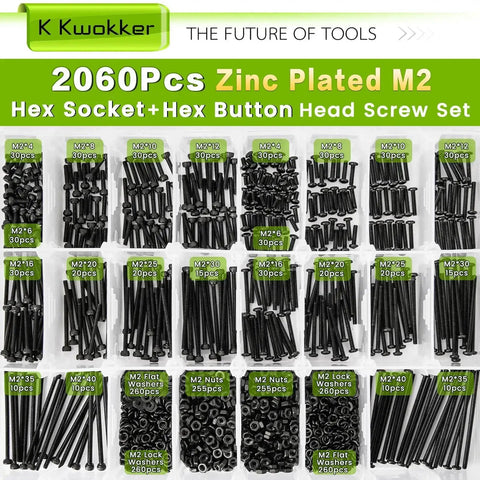 M2 Screw Kit 4mm To 40mm Assortment With Nuts Bolts Washers Lock Washers 2060Pcs Zinc Plated Socket Head And Button Head Screws