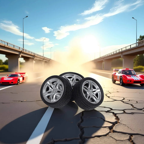 Four Piece 48MM Rubber Toy Car Wheel Set For RC Models on a road with RC toy cars in the background