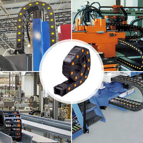 Heavy Duty 39.3 Inch Plastic Drag Chain Cable Carrier For CNC Routers And Industrial Machines, showing various installations
