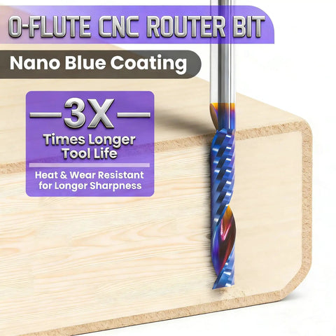 O Flute CNC Router Bit Set, 10 Pieces, One Eighth Inch Shank, Tungsten Carbide Upcut Single Flute End Mills showing Nano Blue Coating on wooden block