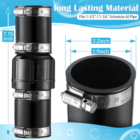 Threlaco sump pump check valve kit, black valve with four stainless hose clamps for 1-1/2 and 1-1/4 inch pipe
