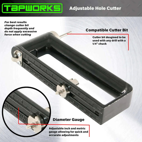 Front view of Adjustable 2 To 12 Inch Sheet Metal Hole Cutter For HVAC Ductwork And Duct Tools, showing diameter gauge and cutter bit.