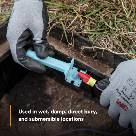 Blue 3M Direct Bury Splice Kit DBR/Y-6 hand tool with red and yellow connectors and purple wire