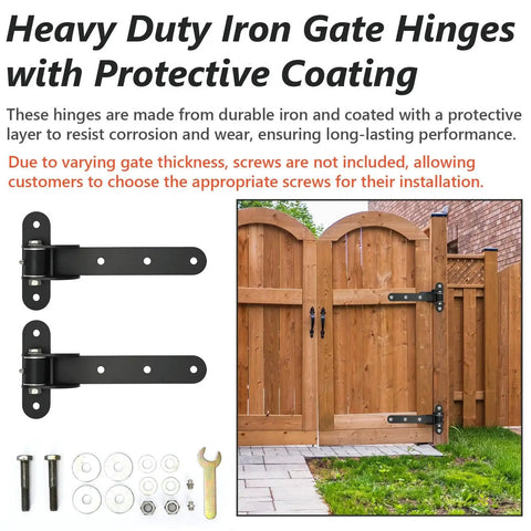 Two Pack Heavy Duty Gate Hinges For 13 Inch Gates With Internal Ball Bearings, High Capacity 1000 Lbs, Weld On Or Bolt On Installation, Adjustable Yoke, Durable Black Finish, Ideal For Wooden Estate And Commercial Gates shown on a wooden gate.