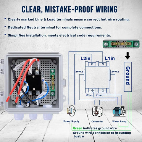 24V AC 40A Pump Start Relay with IP65 Waterproof Enclosure wiring diagram and clear terminal labels for sprinkler controllers.