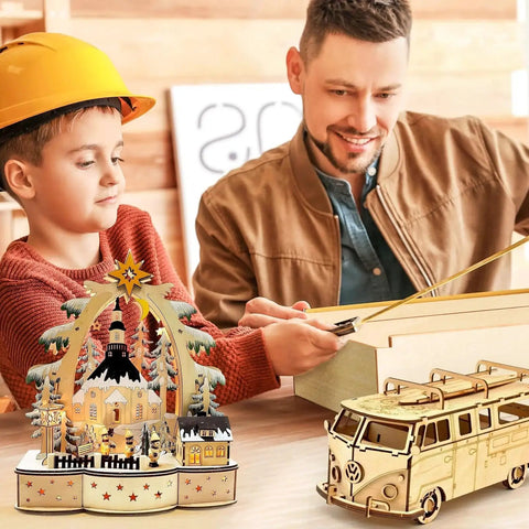 Father and son crafting with Basswood Sheets Set 48 Pcs 12 By 12 Inch Unfinished Wood Boards 1.5mm Thick For DIYers And Crafters.