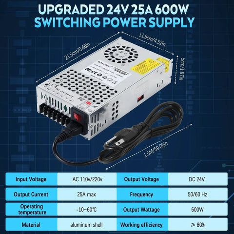 Beefy 24V 25A 600W DC Switching Power Supply With Universal 110V 220V Input Adjustable 21.6V To 26.4V Efficient SMPS For 3D Printers And CCTV Cameras Includes Power Cord