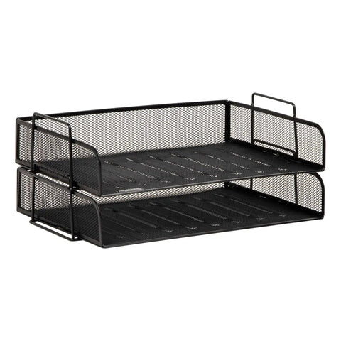 Stackable Paper Tray Desk Organizer Set Of 2 With Metal Mesh File Storage For Office Black Ready To Use No Assembly Required