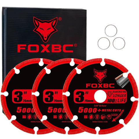3 Inch Diamond Cut Off Wheel Set For Metal Cutting With 5000 Plus Life On Rebar Stainless Steel Angle Iron Cast Iron Aluminum Pipes Sheet Metal Three Eighths Inch Arbor 3 Pack FOXBC